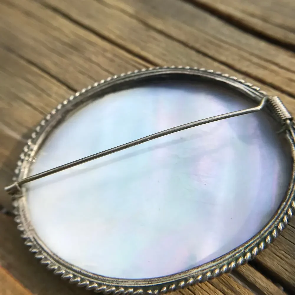Artist Signed Vintage Hand Painted Mother Of Pearl Scenic Brooch (K.M. '98)